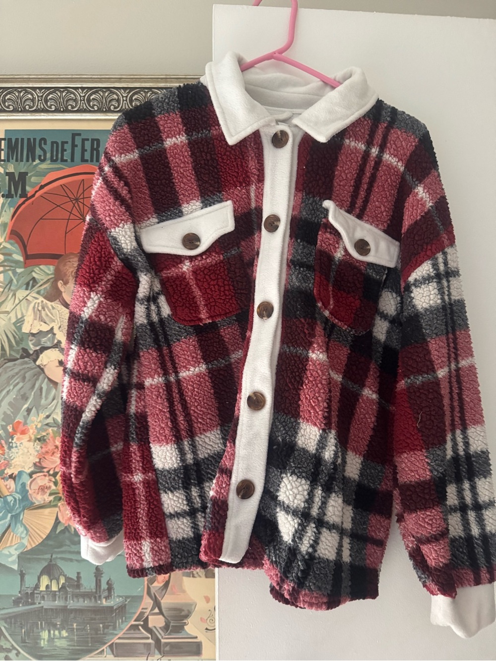 Madewell Red Black White Plaid Sherpa Button Jacket